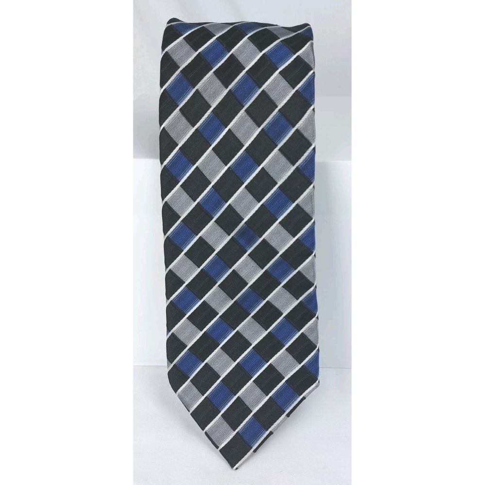 Fabio Fazio Mens Necktie Blue Gray Black Geometric Plaid Silk 60" X 3.75" **READ